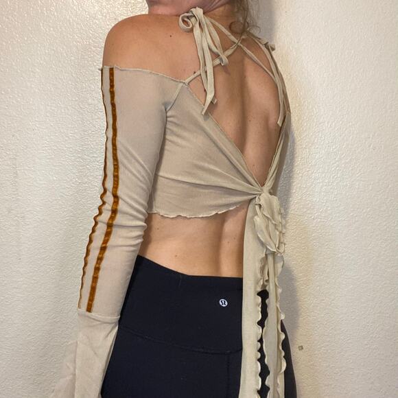 Zemeta Beige Mesh Tie Crop Top Long Sleeve Sheer Velvet Brown Stripes Size Small - Picture 10 of 10